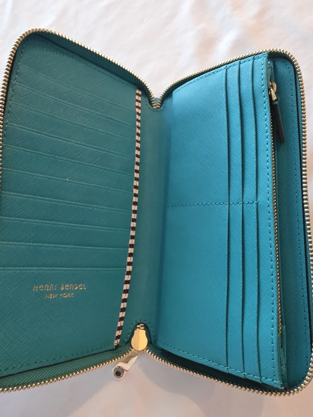 Henri Bendel Blue Saffiano Leather Zip Around Wallet